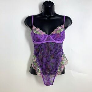 Savage X Fenty Paisley Lace Trimmed Teddy Lingerie Bodysuit Sheer Size S NWT
